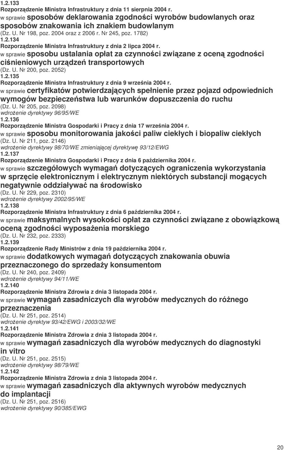 w sprawie sposobu ustalania opłat za czynnoci zwizane z ocen zgodnoci cinieniowych urzdze transportowych (Dz. U. Nr 200, poz. 2052) 1.2.135 Rozporzdzenie Ministra Infrastruktury z dnia 9 wrzenia 2004 r.