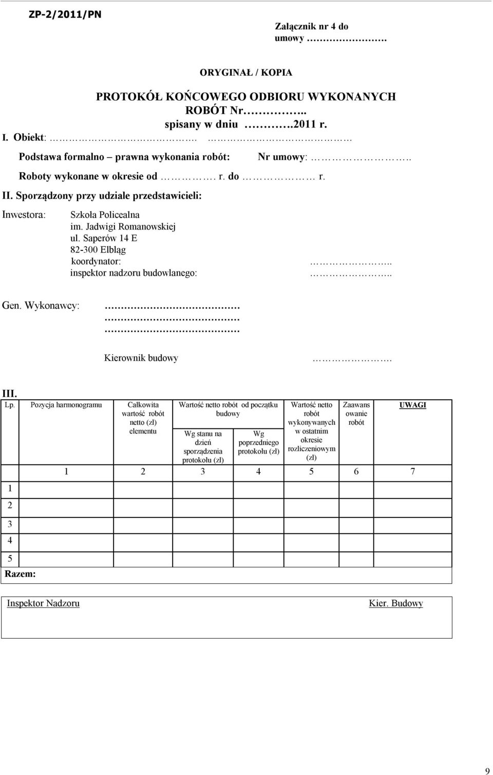 Saperów 14 E 82-300 Elbląg koordynator: inspektor nadzoru budowlanego: Nr umowy:...... Gen. Wykonawcy: Kierownik budowy. III. Lp.