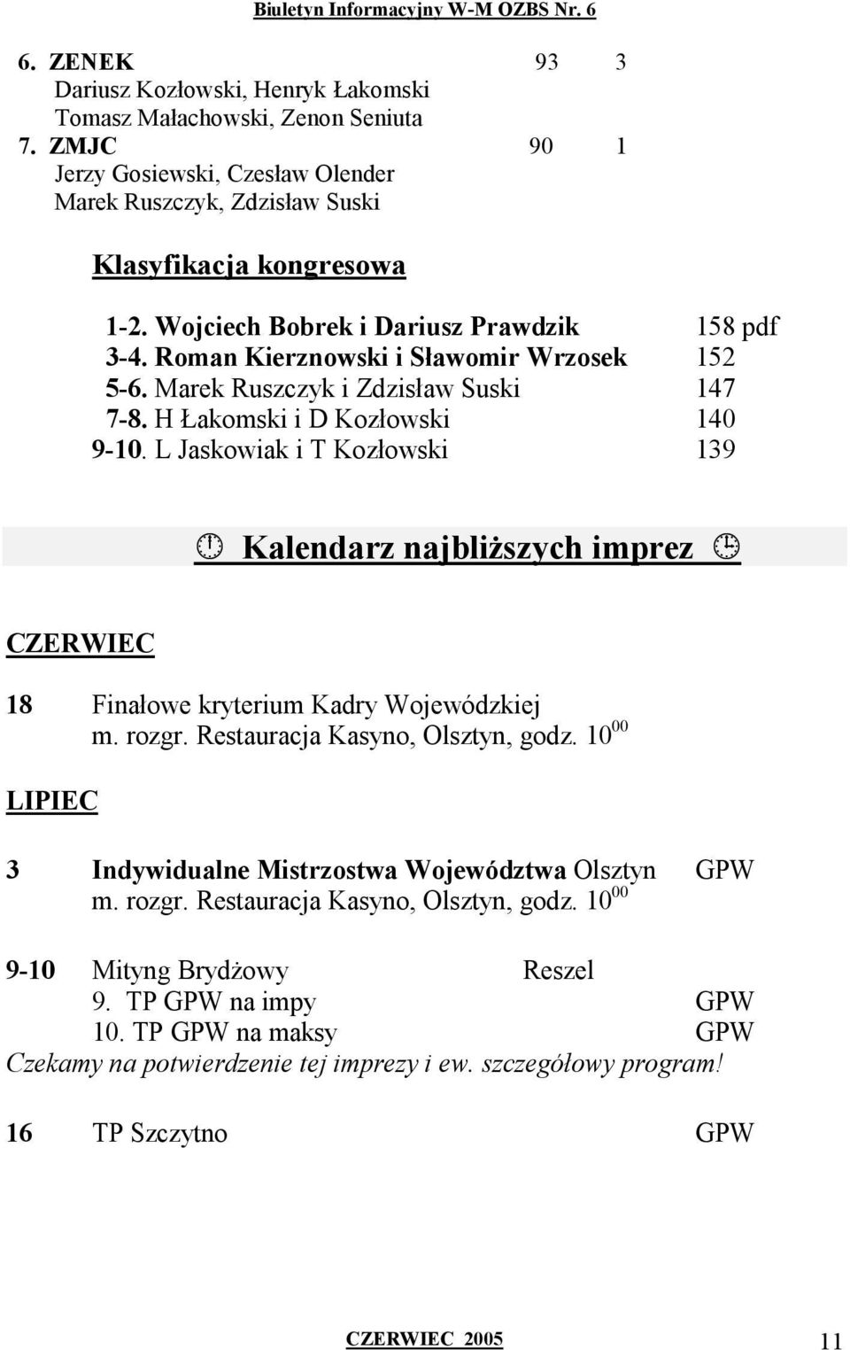 L Jaskowiak i T Kozłowski 139 Kalendarz najbliższych imprez CZERWIEC 18 Finałowe kryterium Kadry Wojewódzkiej m. rozgr. Restauracja Kasyno, Olsztyn, godz.