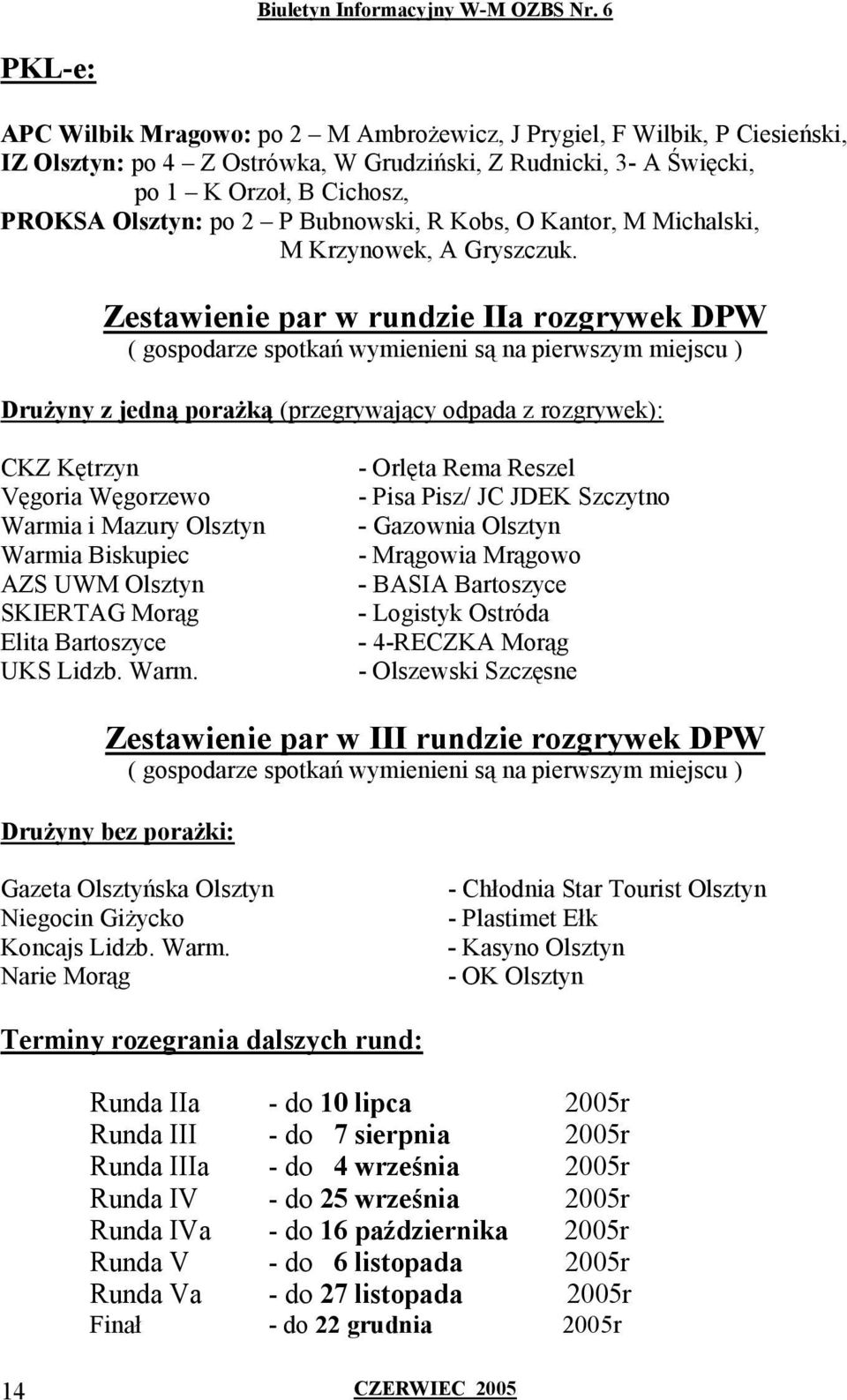 Zestawienie par w rundzie IIa rozgrywek DPW ( gospodarze spotkań wymienieni są na pierwszym miejscu ) Drużyny z jedną porażką (przegrywający odpada z rozgrywek): CKZ Kętrzyn - Orlęta Rema Reszel