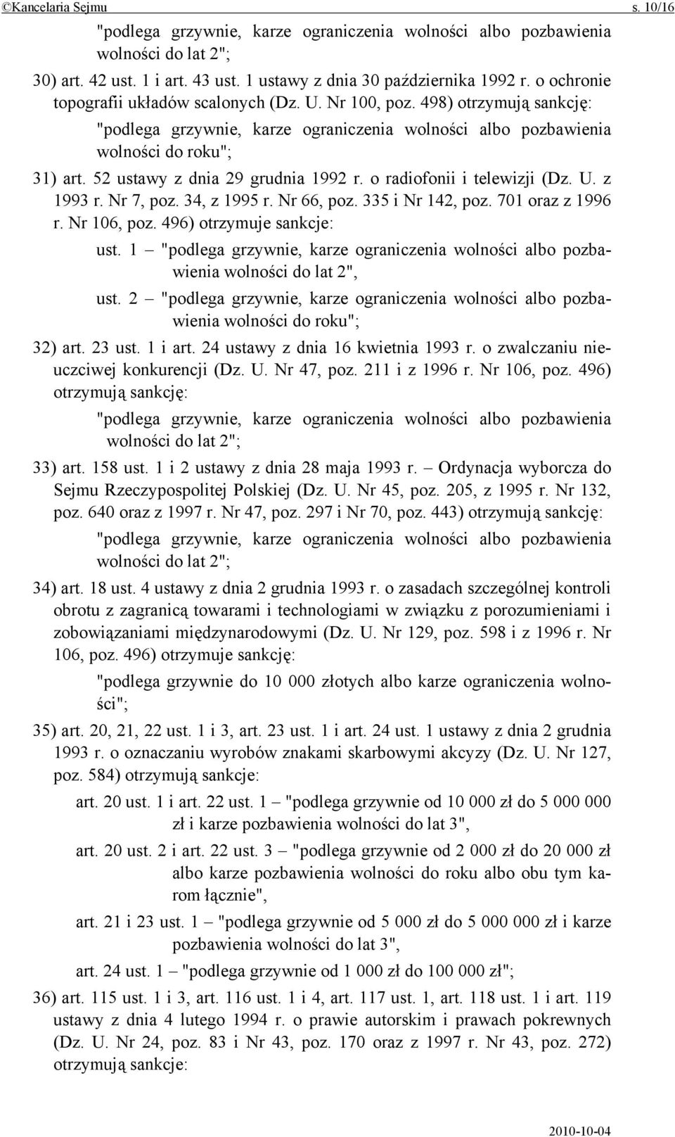 1 wolności do lat 2", ust. 2 32) art. 23 ust. 1 i art. 24 ustawy z dnia 16 kwietnia 1993 r. o zwalczaniu nieuczciwej konkurencji (Dz. U. Nr 47, poz. 211 i z 1996 r. Nr 106, poz.