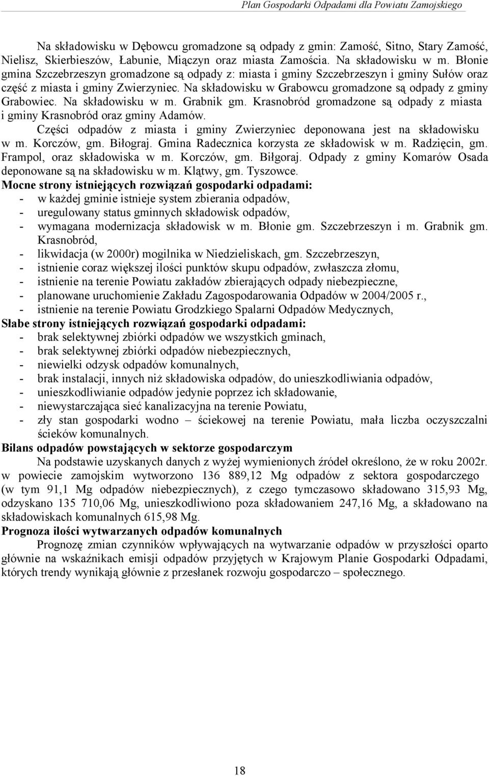 Na składowisku w m. Grabnik gm. Krasnobród gromadzone są odpady z miasta i gminy Krasnobród oraz gminy Adamów. Części odpadów z miasta i gminy Zwierzyniec deponowana jest na składowisku w m.