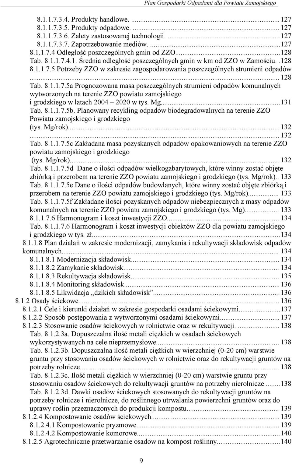 Mg...131 Tab. 8.1.1.7.5b. Planowany recykling odpadów biodegradowalnych na terenie ZZO Powiatu zamojskiego i grodzkiego (tys. Mg/rok)...132... 132 Tab. 8.1.1.7.5c Zakładana masa pozyskanych odpadów opakowaniowych na terenie ZZO powiatu zamojskiego i grodzkiego (tys.