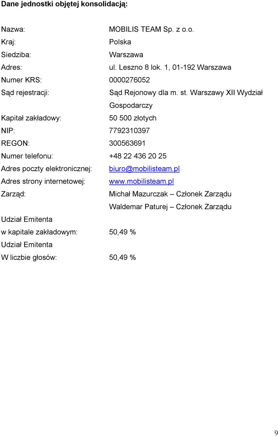 Warszawy XII Wydział Gospodarczy Kapitał zakładowy: 50 500 złotych NIP: 7792310397 REGON: 300563691 Numer telefonu: +48 22 436 20 25 Adres poczty