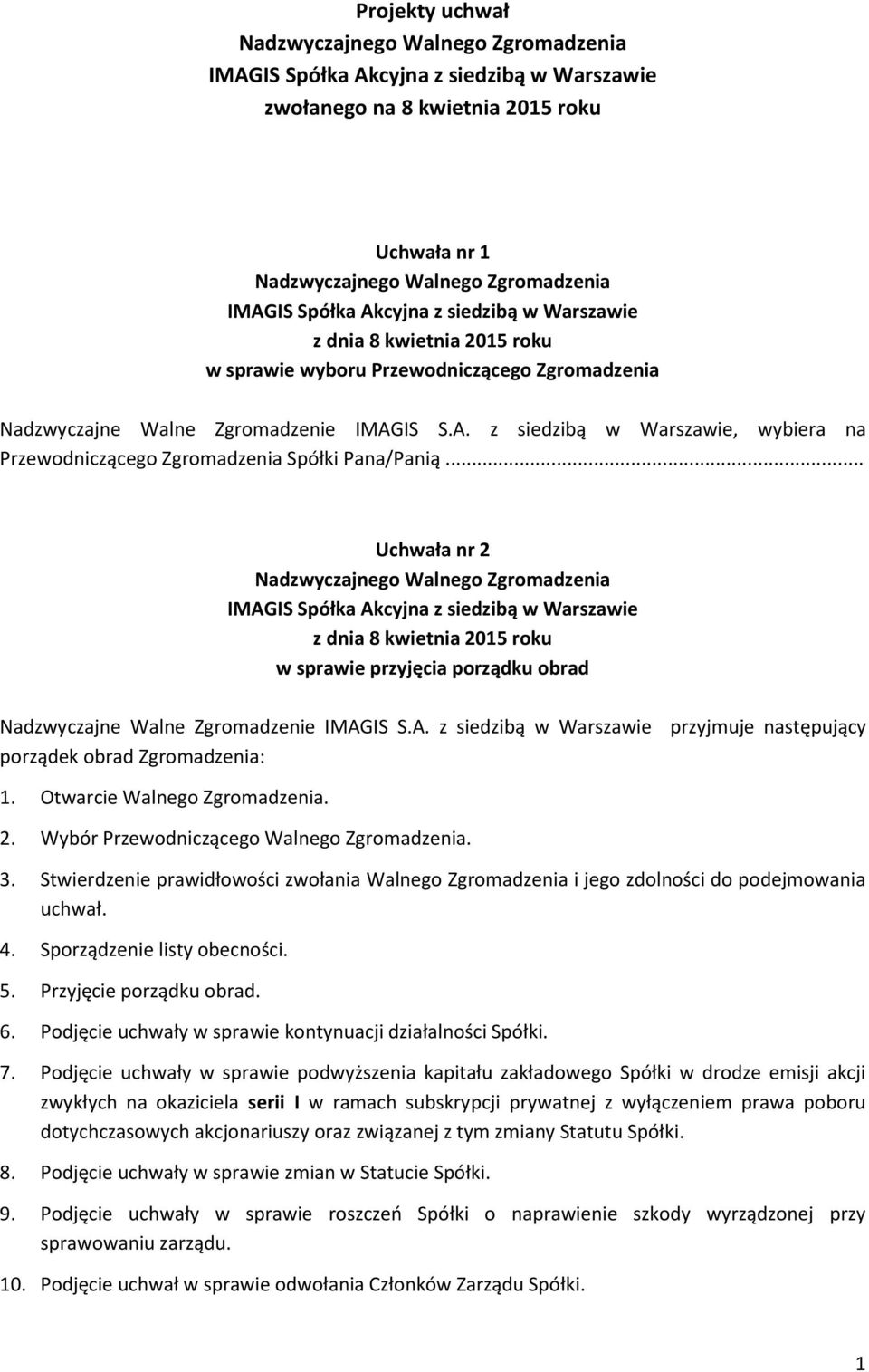 Otwarcie Walnego Zgromadzenia. 2. Wybór Przewodniczącego Walnego Zgromadzenia. 3. Stwierdzenie prawidłowości zwołania Walnego Zgromadzenia i jego zdolności do podejmowania uchwał. 4.