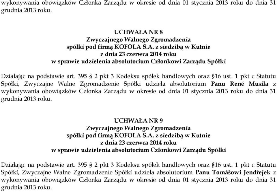 1 pkt c Statutu Spółki, Zwyczajne Walne Zgromadzenie Spółki udziela absolutorium Panu René Musila z  UCHWAŁA NR 9 w sprawie udzielenia absolutorium Członkowi Zarządu Spółki Działając na podstawie art.