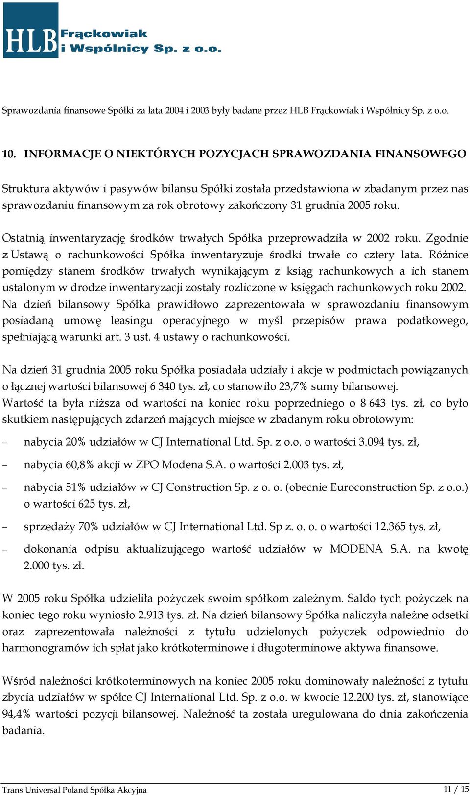 grudnia 2005 roku. Ostatnią inwentaryzację środków trwałych Spółka przeprowadziła w 2002 roku. Zgodnie z Ustawą o rachunkowości Spółka inwentaryzuje środki trwałe co cztery lata.