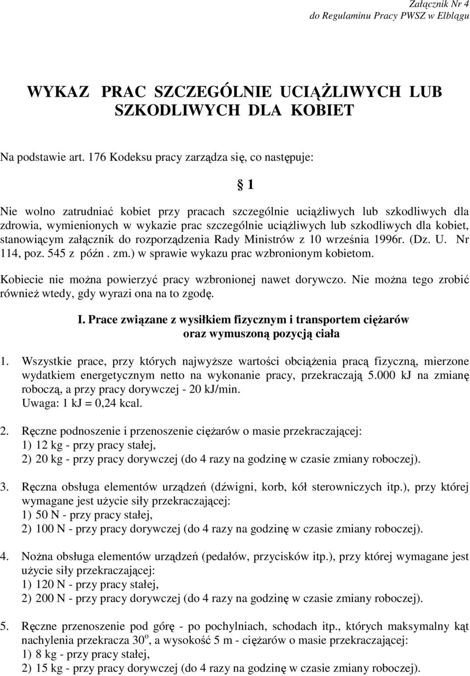 szkodliwych dla kobiet, stanowiącym załącznik do rozporządzenia Rady Ministrów z 10 września 1996r. (Dz. U. Nr 114, poz. 545 z późn. zm.) w sprawie wykazu prac wzbronionym kobietom.