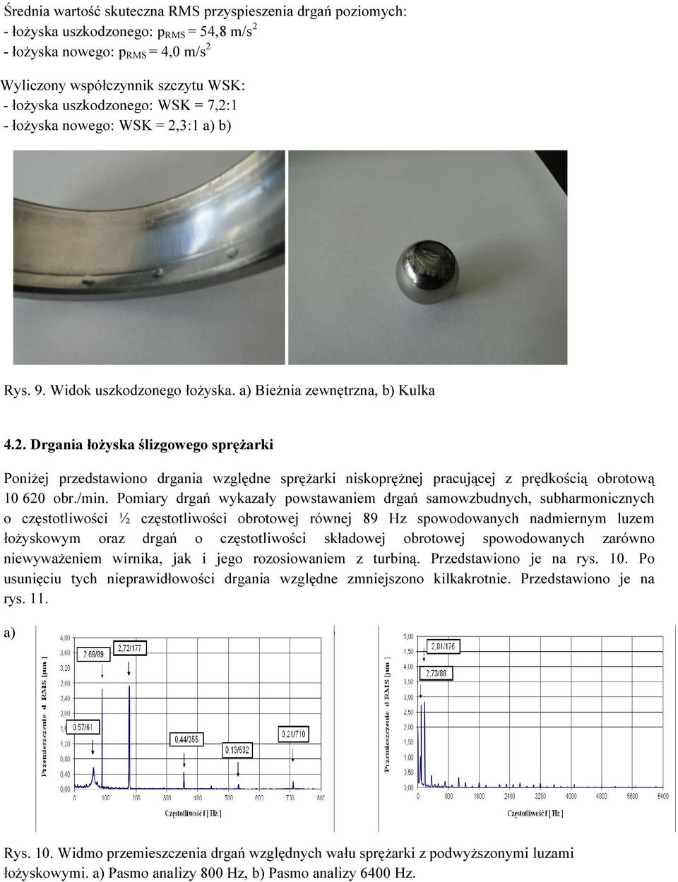 /min. Pomiary drgań wykazały powstawaniem drgań samowzbudnych, subharmonicznych o częstotliwości ½ częstotliwości obrotowej równej 89 Hz spowodowanych nadmiernym luzem łożyskowym oraz drgań o