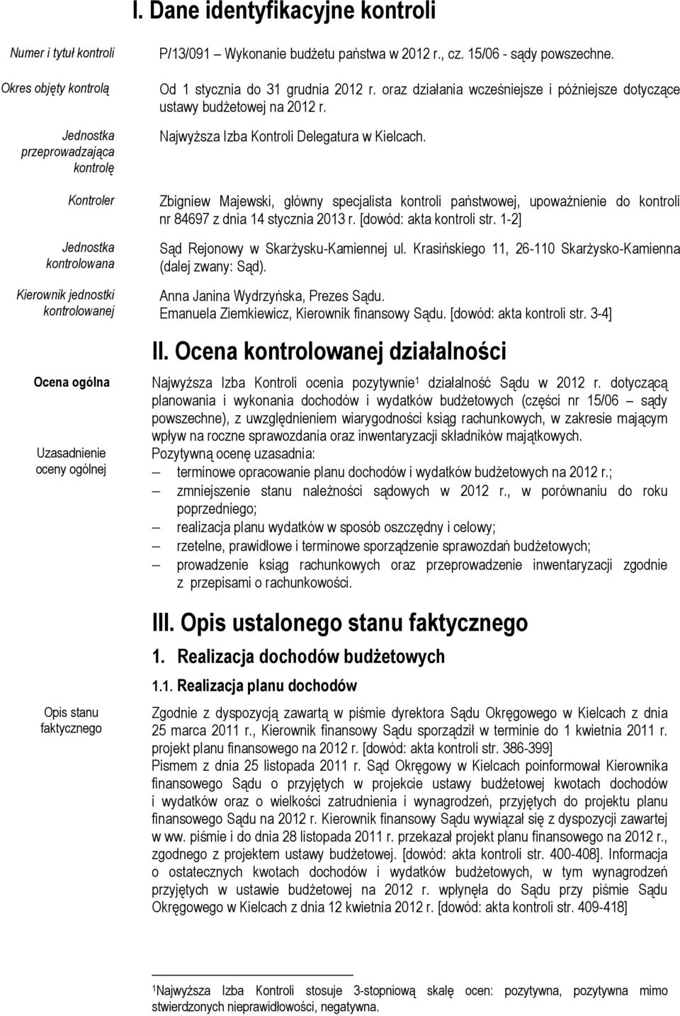 oraz działania wcześniejsze i późniejsze dotyczące ustawy budżetowej na 2012 r. Najwyższa Izba Kontroli Delegatura w Kielcach.