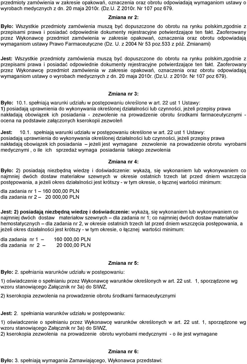 Zaoferowany przez Wykonawcę przedmiot zamówienia w zakresie opakowań, oznaczenia oraz obrotu odpowiadają wymaganiom ustawy Prawo Farmaceutyczne (Dz. U. z 2004 Nr 53 poz.533 z póź.