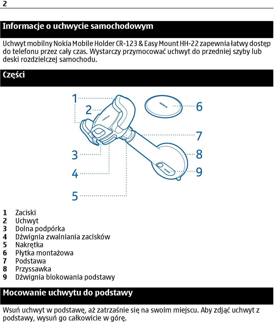 Części 1 Zaciski 2 Uchwyt 3 Dolna podpórka 4 Dźwignia zwalniania zacisków 5 Nakrętka 6 Płytka montażowa 7 Podstawa 8 Przyssawka 9