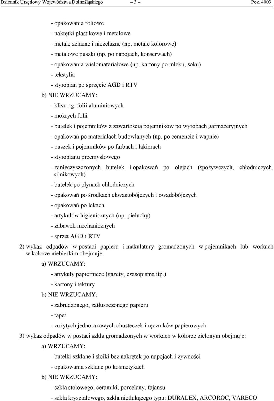 kartony po mleku, soku) - tekstylia - styropian po sprzęcie AGD i RTV b) NIE WRZUCAMY: - klisz rtg, folii aluminiowych - mokrych folii - butelek i pojemników z zawartością pojemników po wyrobach