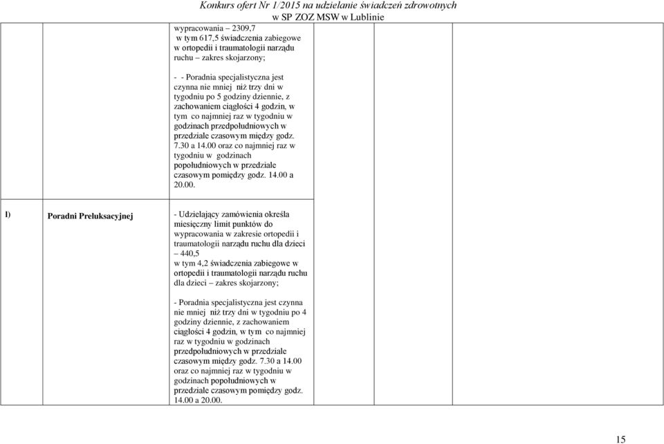 00 oraz co najmniej raz w tygodniu w godzinach popołudniowych w przedziale czasowym pomiędzy godz. 14.00 a 20.00. l) Poradni Preluksacyjnej - Udzielający zamówienia określa wypracowania w zakresie