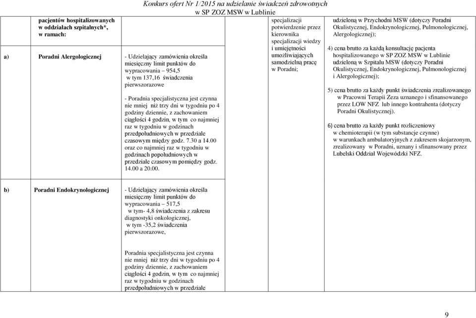 umiejętności umożliwiających samodzielną pracę w Poradni; udzieloną w Przychodni MSW (dotyczy Poradni Okulistycznej, Endokrynologicznej, Pulmonologicznej, Alergologicznej); 4) cena brutto za każdą