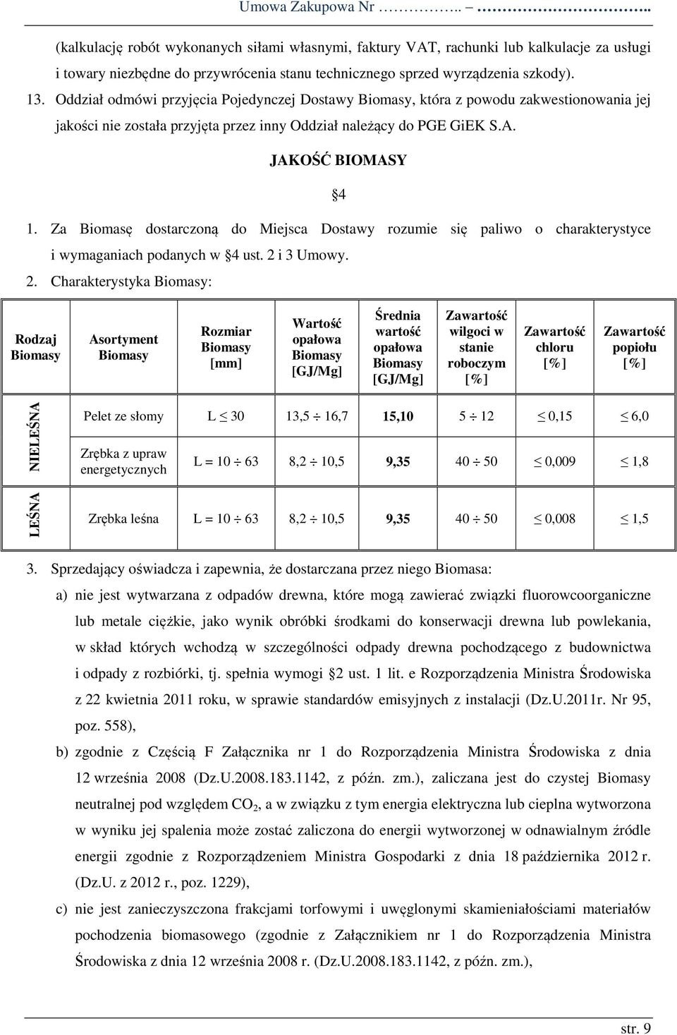 Za Biomasę dostarczoną do Miejsca Dostawy rozumie się paliwo o charakterystyce i wymaganiach podanych w 4 ust. 2 