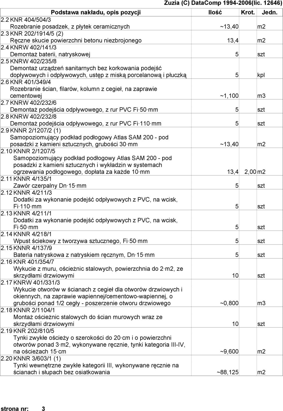 6 KNR 401/349/4 Rozebranie ścian, filarów, kolumn z cegieł, na zaprawie cementowej ~1,100 m3 2.7 KNRW 402/232/6 Demontaż podejścia odpływowego, z rur PVC Fi 50 mm 5 szt 2.