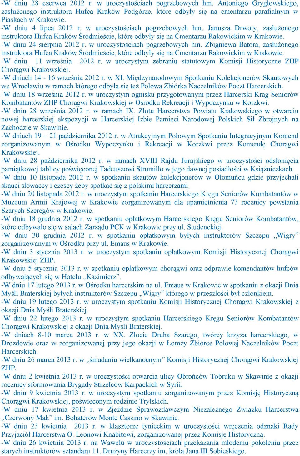 -W dniu 24 sierpnia 2012 r. w uroczystościach pogrzebowych hm. Zbigniewa Batora, zasłużonego instruktora Hufca Kraków Śródmieście, które odbyły się na Cmentarzu Rakowickim w Krakowie.