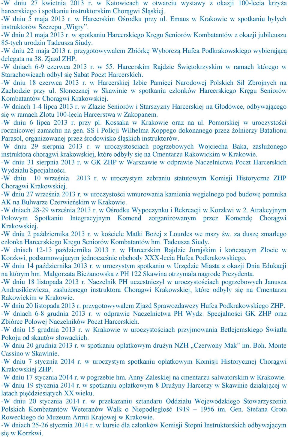 -W dniu 22 maja 2013 r. przygotowywałem Zbiórkę Wyborczą Hufca Podkrakowskiego wybierającą delegata na 38. Zjazd ZHP. -W dniach 6-9 czerwca 2013 r. w 55.