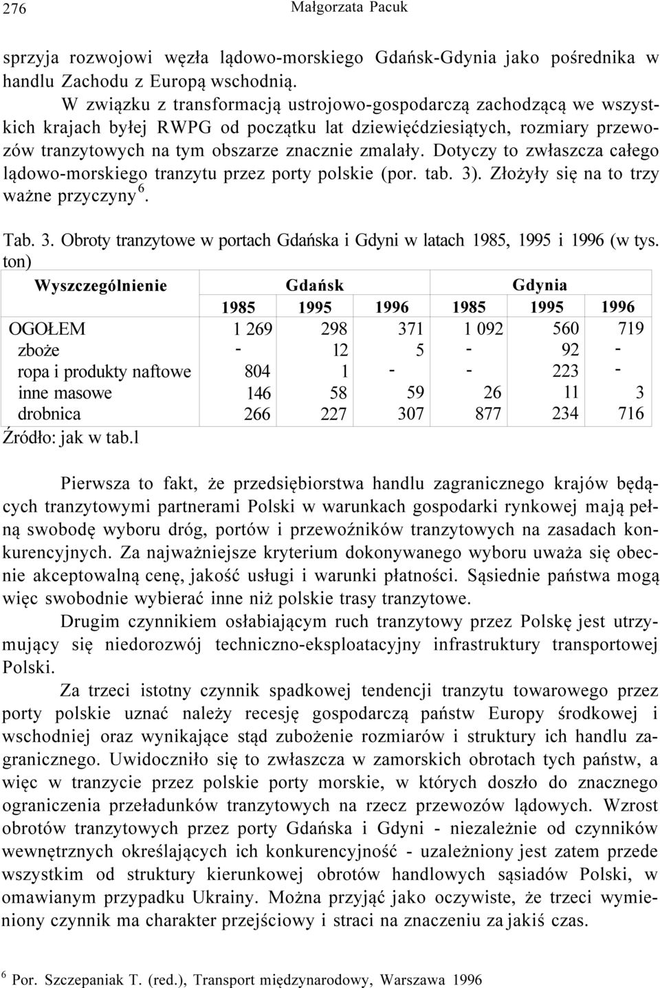 Dotyczy to zwłaszcza całego lądowo-morskiego tranzytu przez porty polskie (por. tab. 3). Złożyły się na to trzy 6 ważne przyczyny. Tab. 3. Obroty tranzytowe w portach Gdańska i Gdyni w latach 1985, 1995 i 1996 (w tys.