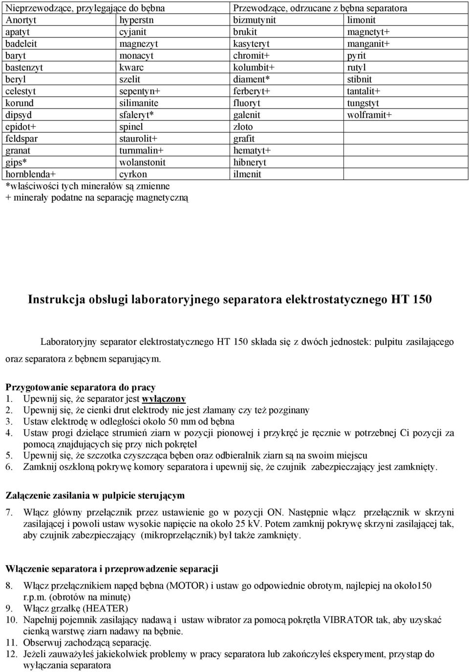 spinel złoto feldspar staurolit+ grafit granat turnmalin+ hematyt+ gips* wolanstonit hibneryt hornblenda+ cyrkon ilmenit *właściwości tych minerałów są zmienne + minerały podatne na separację