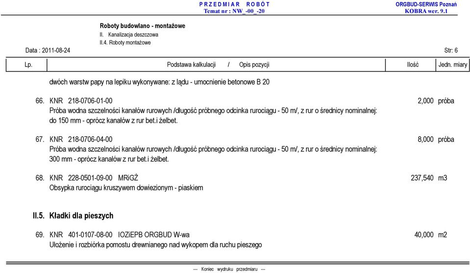 KNR 218-0706-04-00 8,000 próba Próba wodna szczelności kanałów rurowych /długość próbnego odcinka rurociągu - 50 m/, z rur o średnicy nominalnej: 300 mm - oprócz kanałów z rur bet.i żelbet. 68.