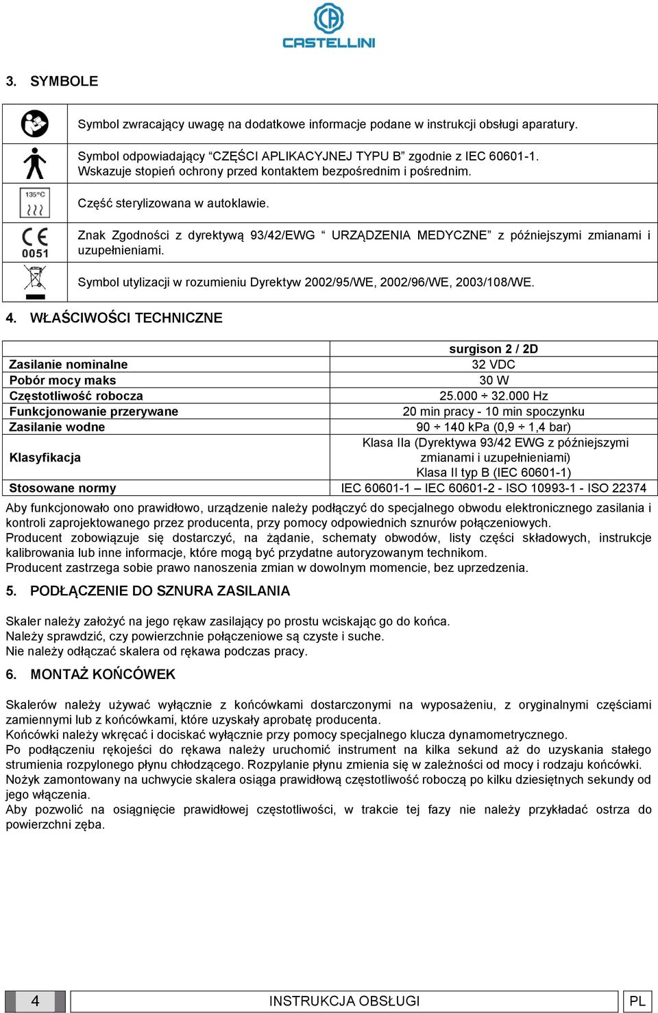 Symbol utylizacji w rozumieniu Dyrektyw 2002/95/WE, 2002/96/WE, 2003/108/WE. 4. WŁAŚCIWOŚCI TECHNICZNE surgison 2 / 2D Zasilanie nominalne 32 VDC Pobór mocy maks 30 W Częstotliwość robocza 25.000 32.