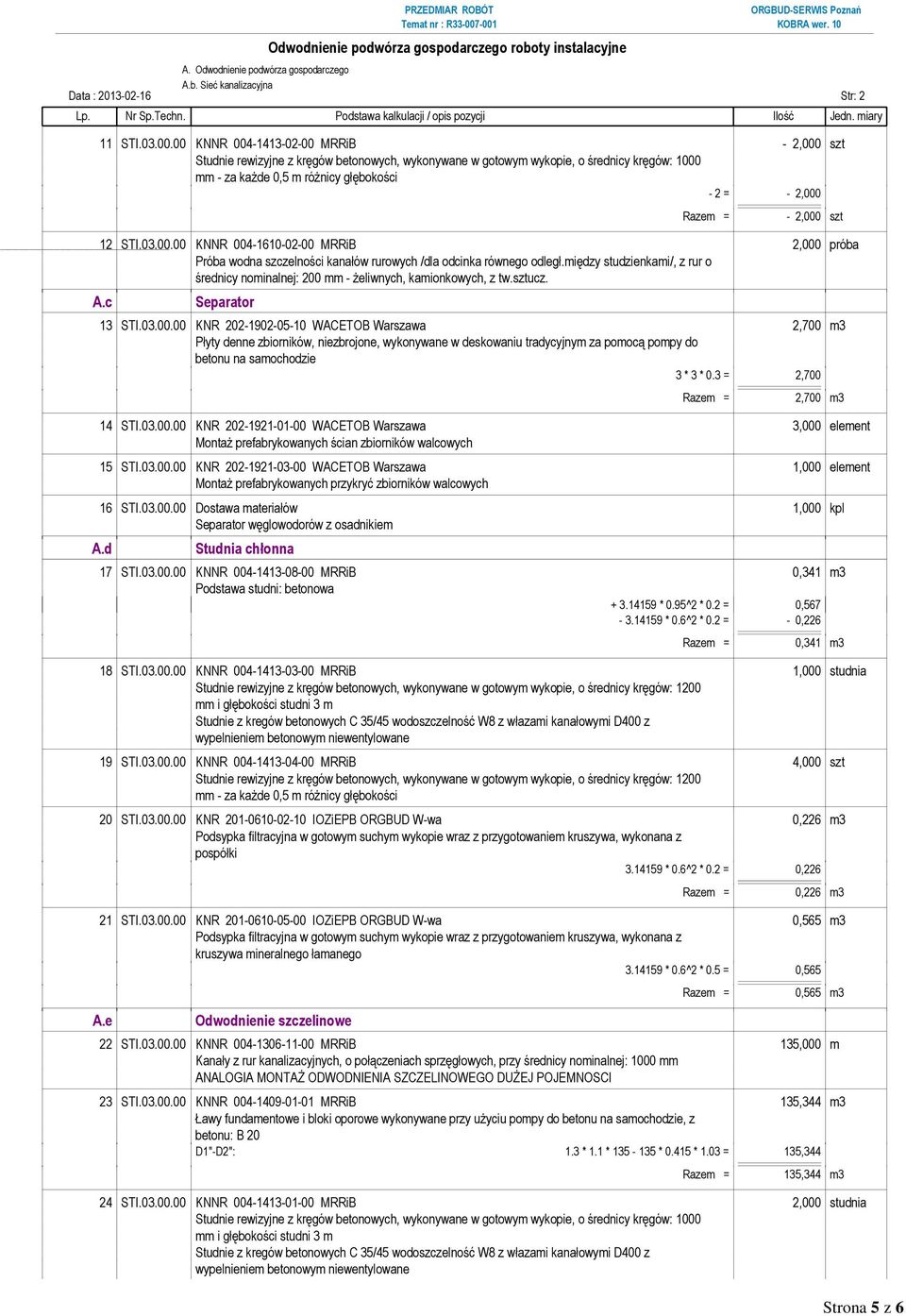 między studzienkami/, z rur o średnicy nominalnej: 200 