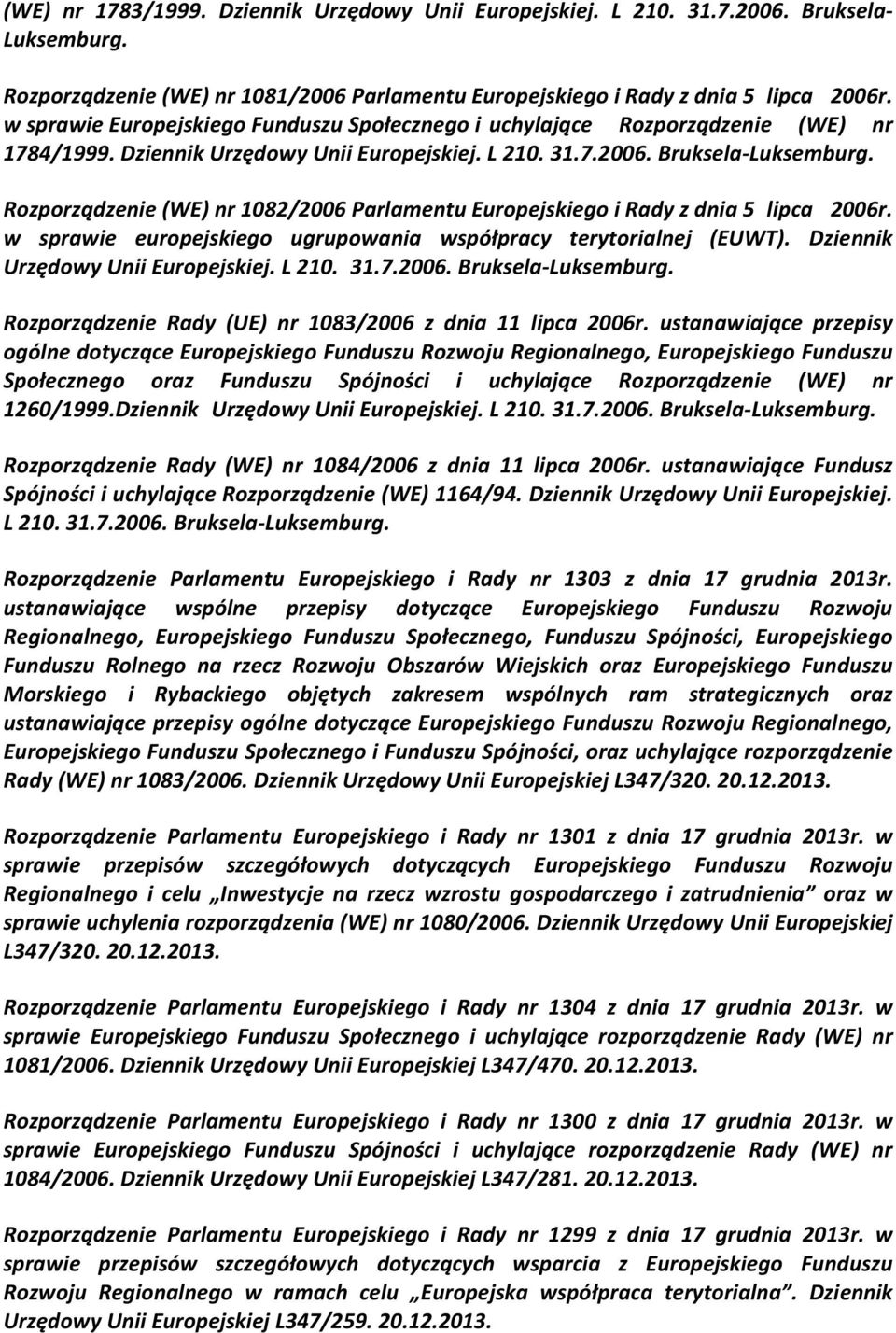 Rozporządzenie (WE) nr 1082/2006 Parlamentu Europejskiego i Rady z dnia 5 lipca 2006r. w sprawie europejskiego ugrupowania współpracy terytorialnej (EUWT). Dziennik Urzędowy Unii Europejskiej. L 210.