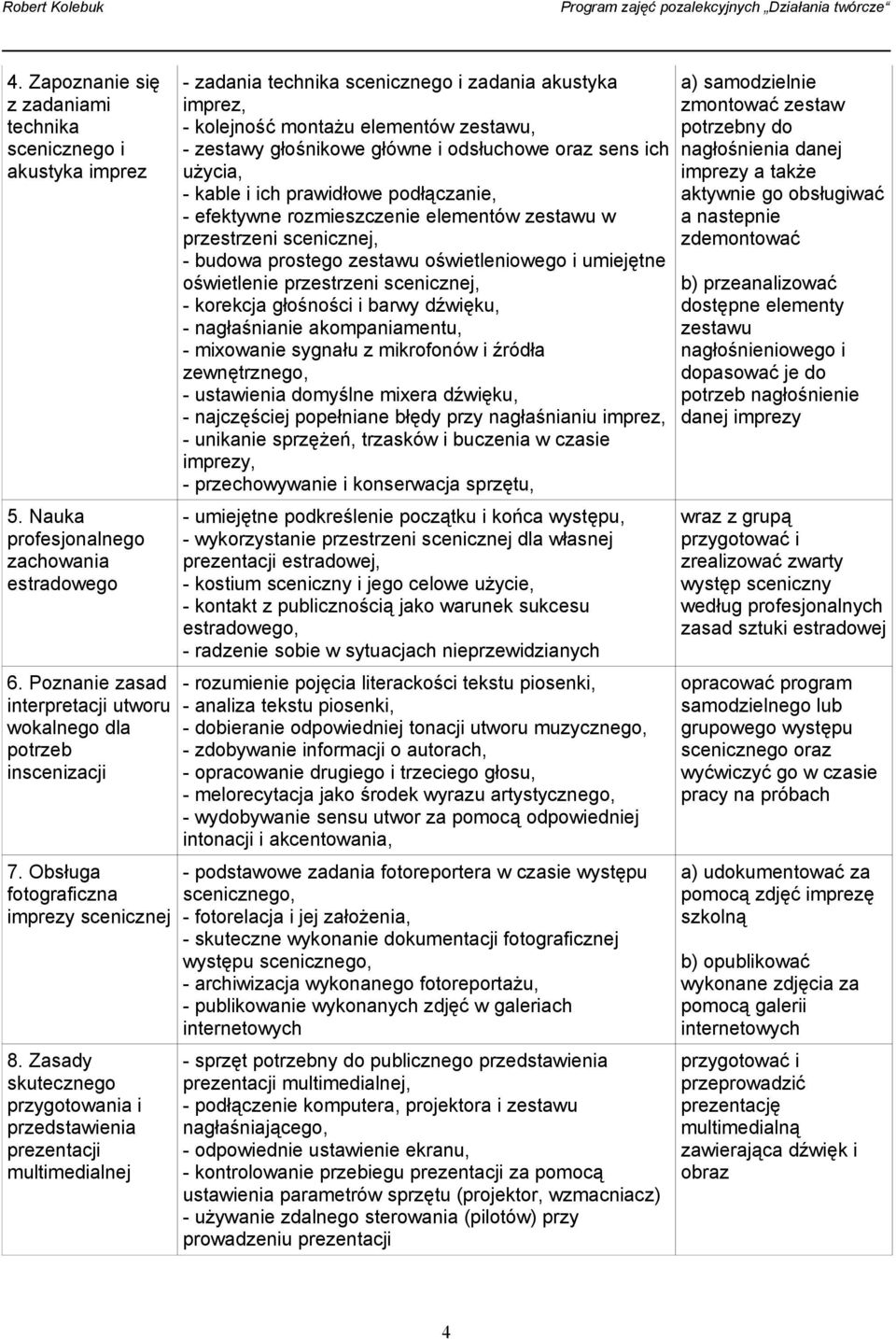 Zasady skutecznego przygotowania i przedstawienia prezentacji multimedialnej - zadania technika scenicznego i zadania akustyka imprez, - kolejność montażu elementów zestawu, - zestawy głośnikowe