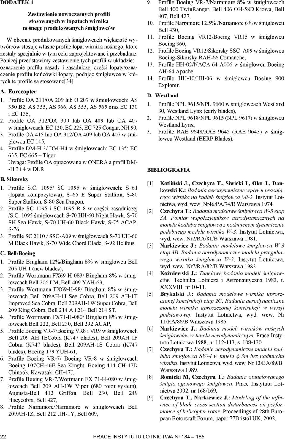 Poni ej przedstawimy zestawienie tych profili w uk³adzie: oznaczenie profilu nasady i zasadniczej czêœci ³opaty/oznaczenie profilu koñcówki ³opaty, podaj¹c œmig³owce w których te profile s¹