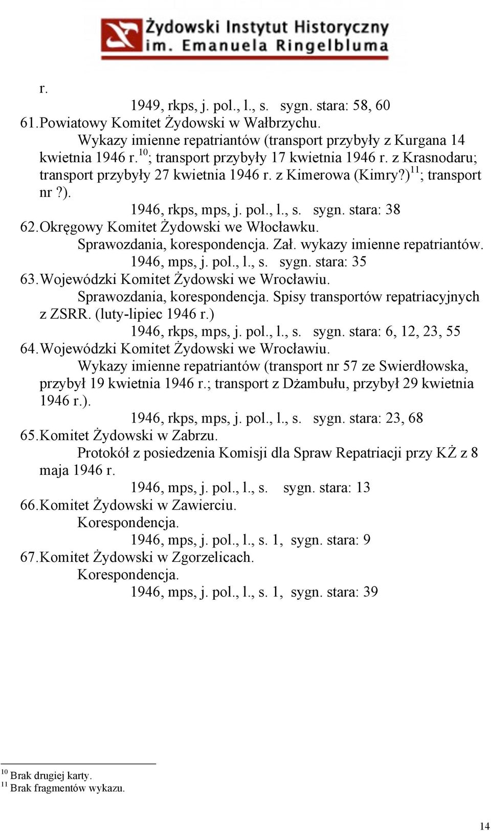 Okręgowy Komitet Żydowski we Włocławku. Sprawozdania, korespondencja. Zał. wykazy imienne repatriantów. 1946, mps, j. pol., l., s. sygn. stara: 35 63. Wojewódzki Komitet Żydowski we Wrocławiu.
