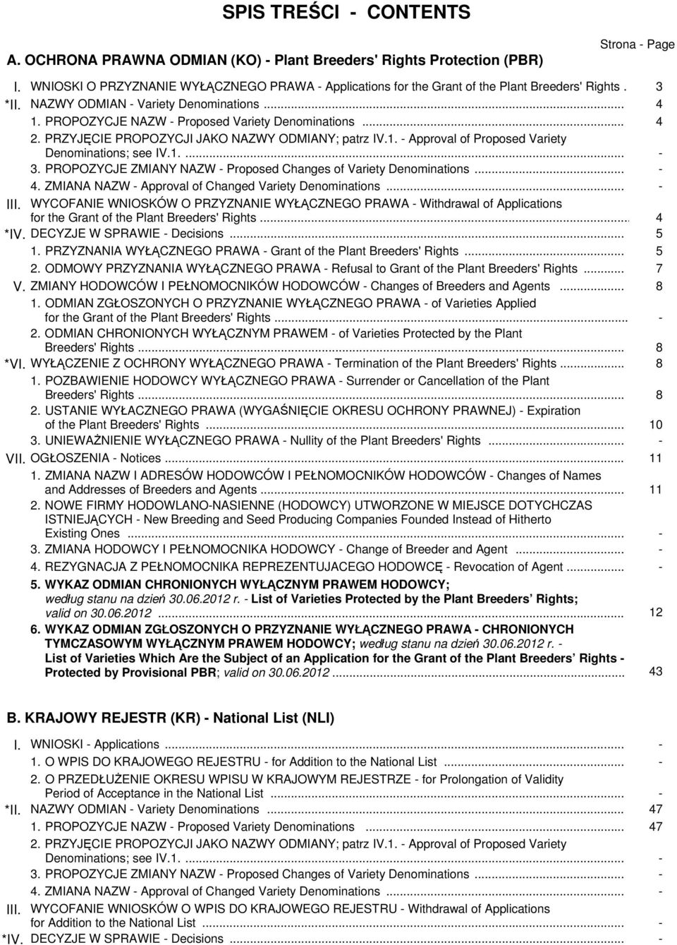 .. 4 2. PRZYJĘCIE PROPOZYCJI JAKO NAZWY ODMIANY; patrz IV.1. - Approval of Proposed Variety Denominations; see IV.1.... - 3. PROPOZYCJE ZMIANY NAZW - Proposed Changes of Variety Denominations... - 4.