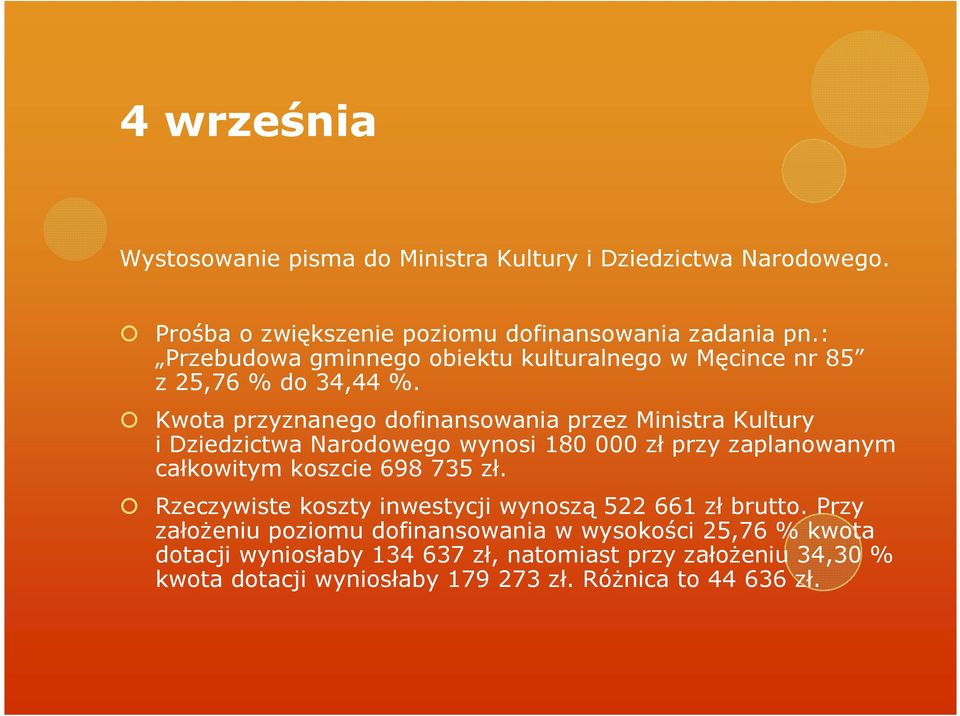 Kwota przyznanego dofinansowania przez Ministra Kultury i Dziedzictwa Narodowego wynosi 180 000 zł przy zaplanowanym całkowitym koszcie 698 735 zł.