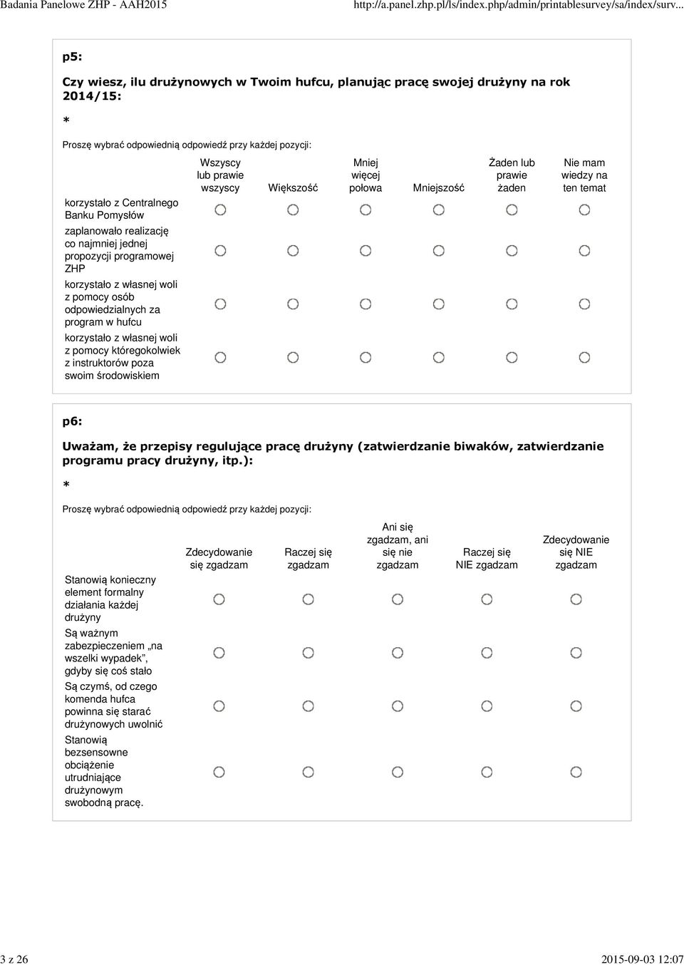 odpowiedzialnych za program w hufcu korzystało z własnej woli z pomocy któregokolwiek z instruktorów poza swoim środowiskiem p6: Uważam, że przepisy regulujące pracę drużyny (zatwierdzanie biwaków,