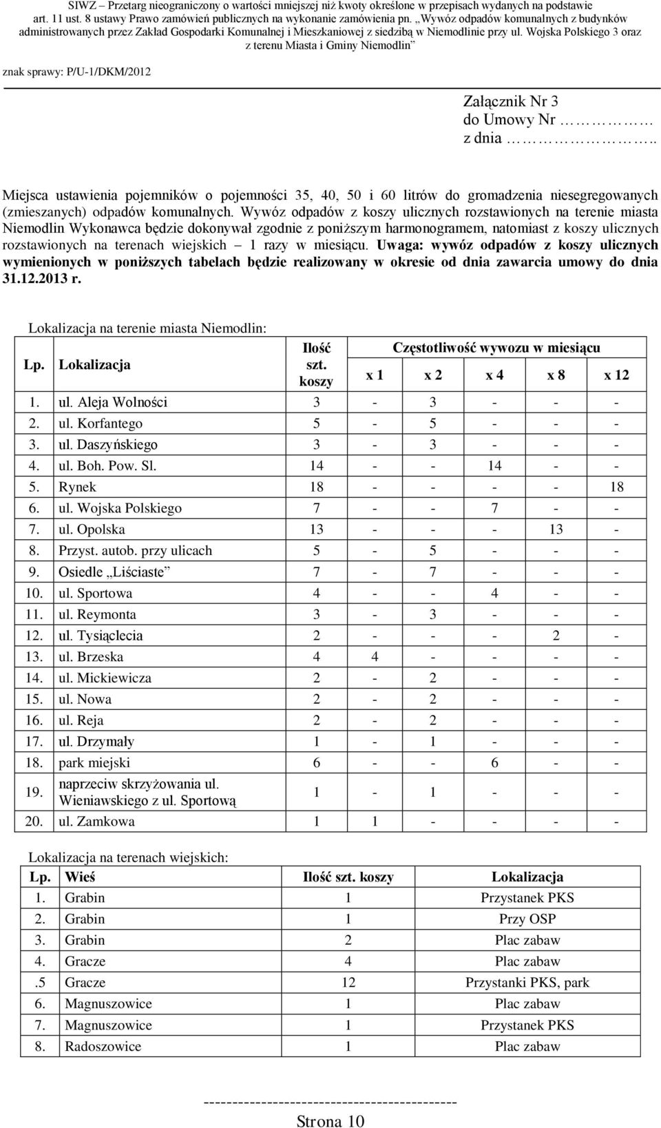 1 razy w miesiącu. Uwaga: wywóz odpadów z koszy ulicznych wymienionych w poniższych tabelach będzie realizowany w okresie od dnia zawarcia umowy do dnia 31.12.2013 r.