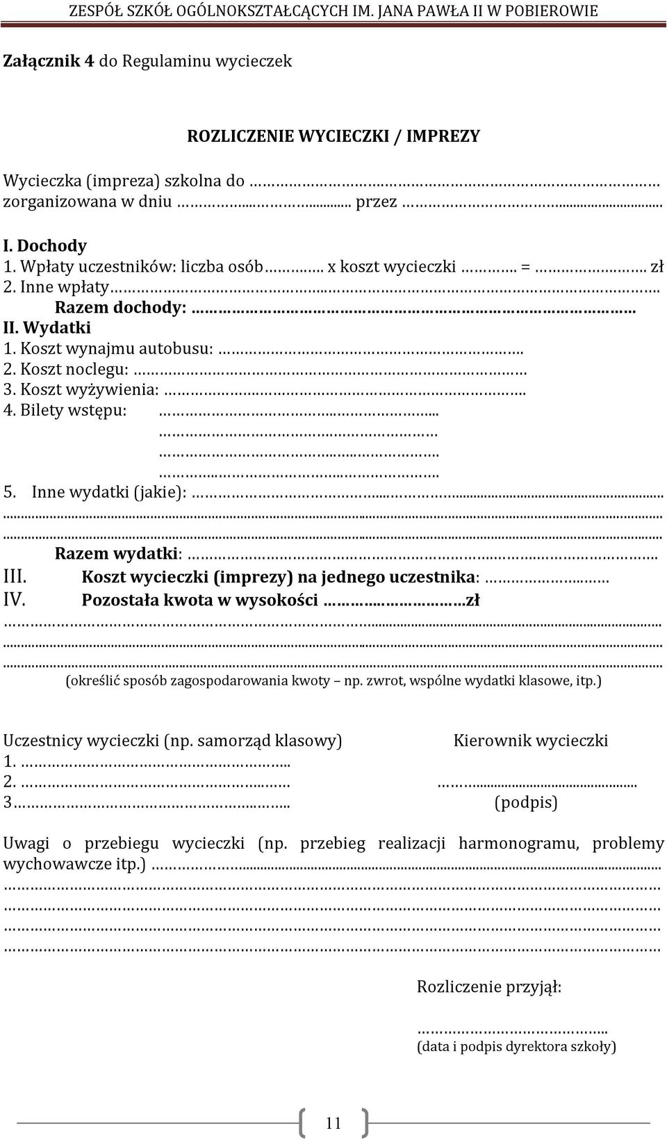 Inne wydatki (jakie):............ Razem wydatki:... III. Koszt wycieczki (imprezy) na jednego uczestnika:.. IV. Pozostała kwota w wysokości.. zł......... (określić sposób zagospodarowania kwoty np.