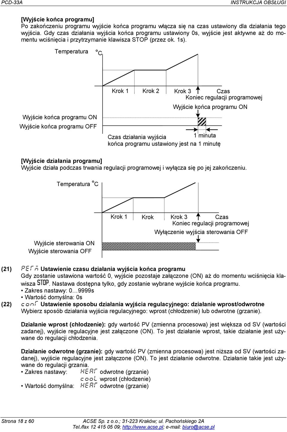 Temperatura C Wyjście końca programu ON Wyjście końca programu OFF Krok 1 Krok 2 Krok 3 Czas Koniec regulacji programowej Wyjście końca programu ON Czas działania wyjścia 1 minuta końca programu