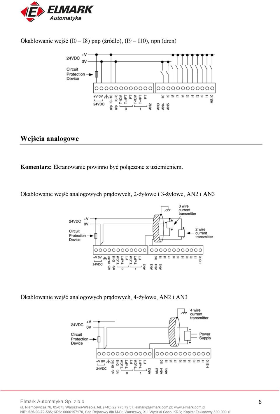 Okablowanie wejść analogowych prądowych, 2-żyłowe i 3-żyłowe, AN2 i