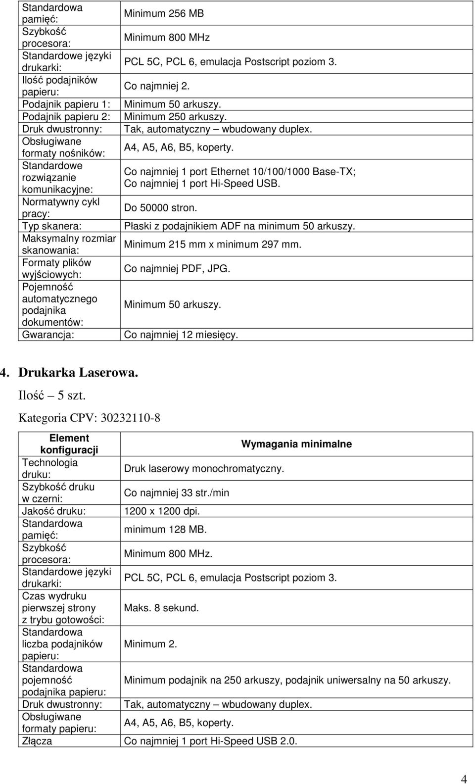 PCL 5C, PCL 6, emulacja Postscript poziom 3. Co najmniej 2. Minimum 50 arkuszy. Minimum 250 arkuszy. Tak, automatyczny wbudowany duplex. A4, A5, A6, B5, koperty.