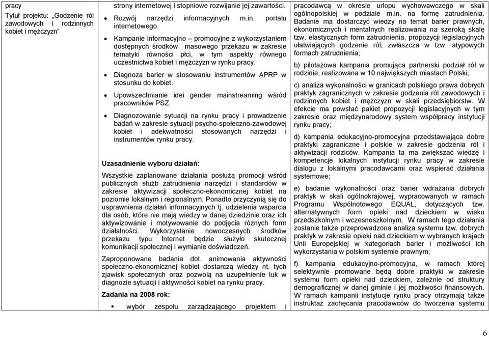 Diagnoza barier w stosowaniu instrumentów APRP w stosunku do kobiet. Upowszechnianie idei gender mainstreaming wśród pracowników PSZ.