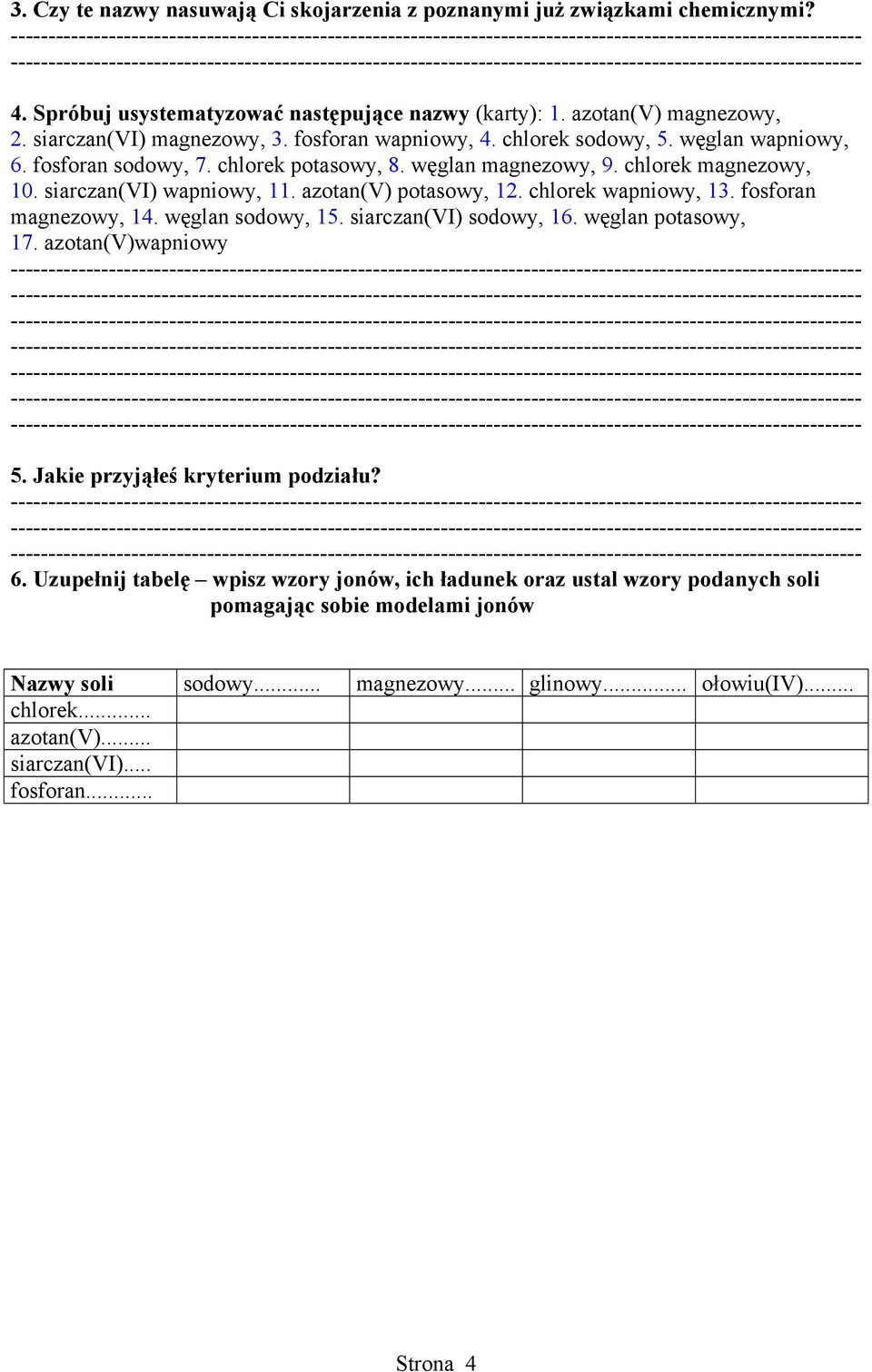chlorek wapniowy, 13. fosforan magnezowy, 14. węglan sodowy, 15. siarczan(vi) sodowy, 16. węglan potasowy, 17. azotan(v)wapniowy 5. Jakie przyjąłeś kryterium podziału? 6.