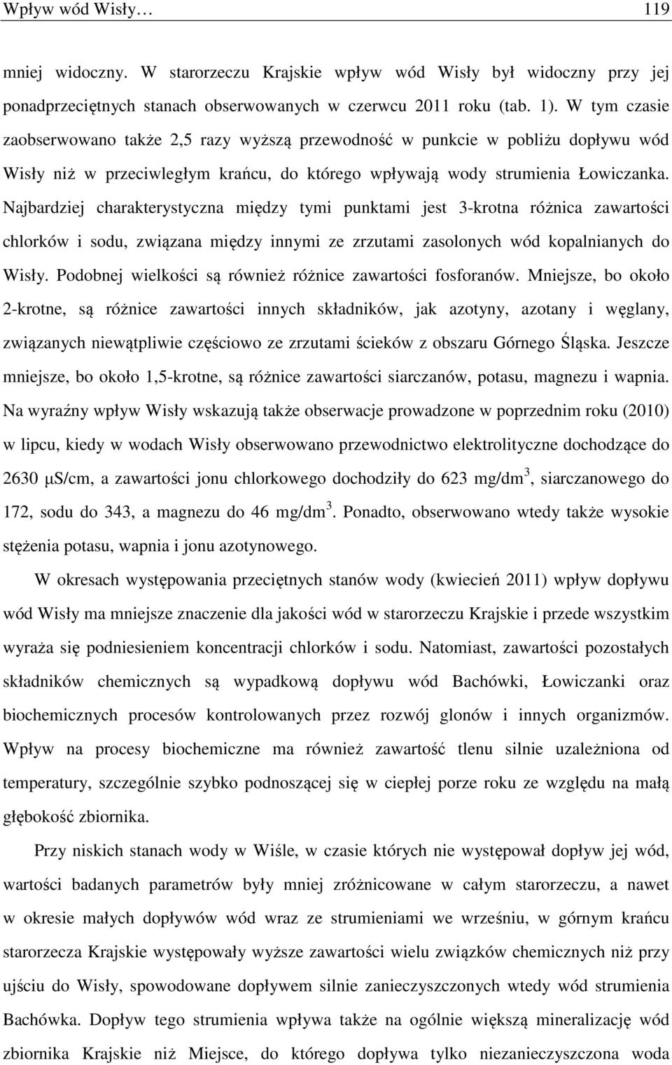 Najbardziej charakterystyczna między tymi punktami jest 3-krotna różnica zawartości chlorków i sodu, związana między innymi ze zrzutami zasolonych wód kopalnianych do Wisły.