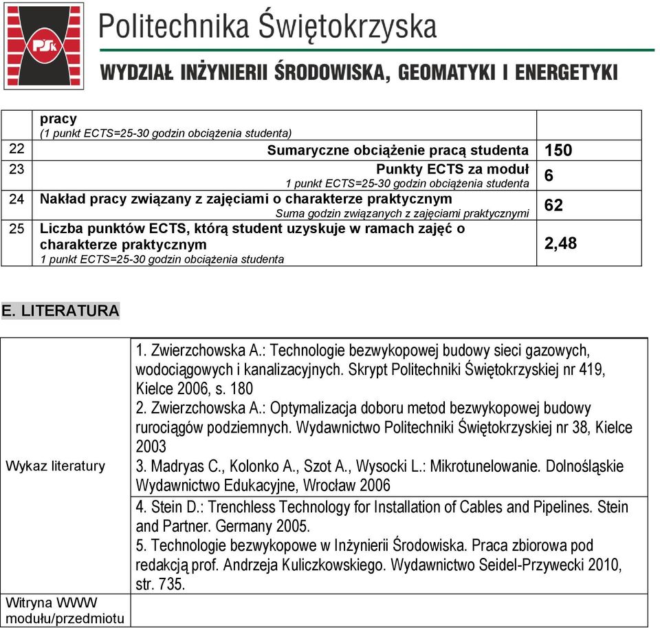 godzin obciążenia studenta 2,48 E. LITERATURA Wykaz literatury Witryna WWW modułu/przedmiotu 1. Zwierzchowska A.: Technologie bezwykopowej budowy sieci gazowych, wodociągowych i kanalizacyjnych.