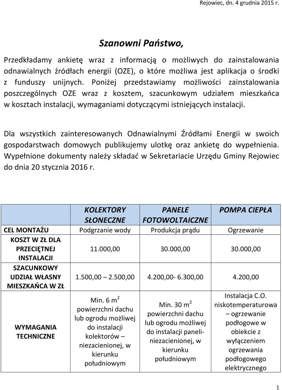 Poniżej przedstawiamy możliwości zainstalowania poszczególnych OZE wraz z kosztem, szacunkowym udziałem mieszkańca w kosztach instalacji, wymaganiami dotyczącymi istniejących instalacji.