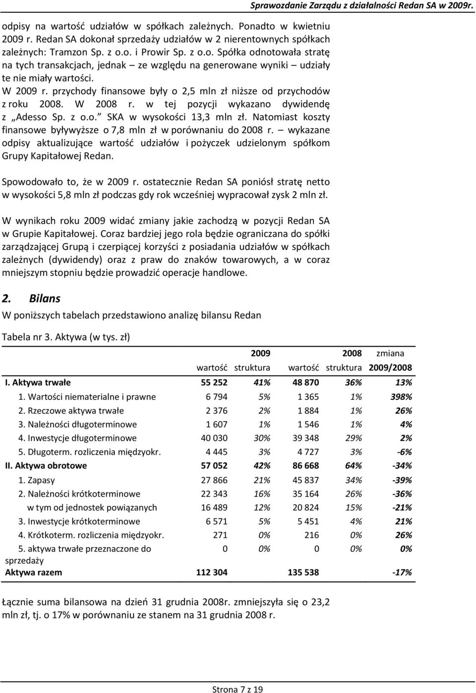 Natomiast koszty finansowe byływyższe o 7,8 mln zł w porównaniu do 2008 r. wykazane odpisy aktualizujące wartośd udziałów i pożyczek udzielonym spółkom Grupy Kapitałowej Redan.