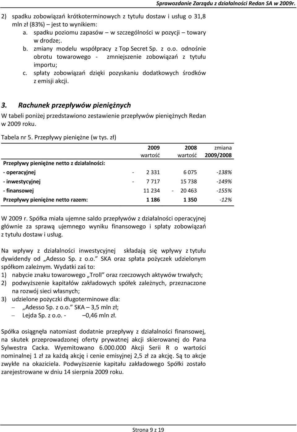 Rachunek przepływów pieniężnych W tabeli poniżej przedstawiono zestawienie przepływów pieniężnych Redan w 2009 roku. Tabela nr 5. Przepływy pieniężne (w tys.