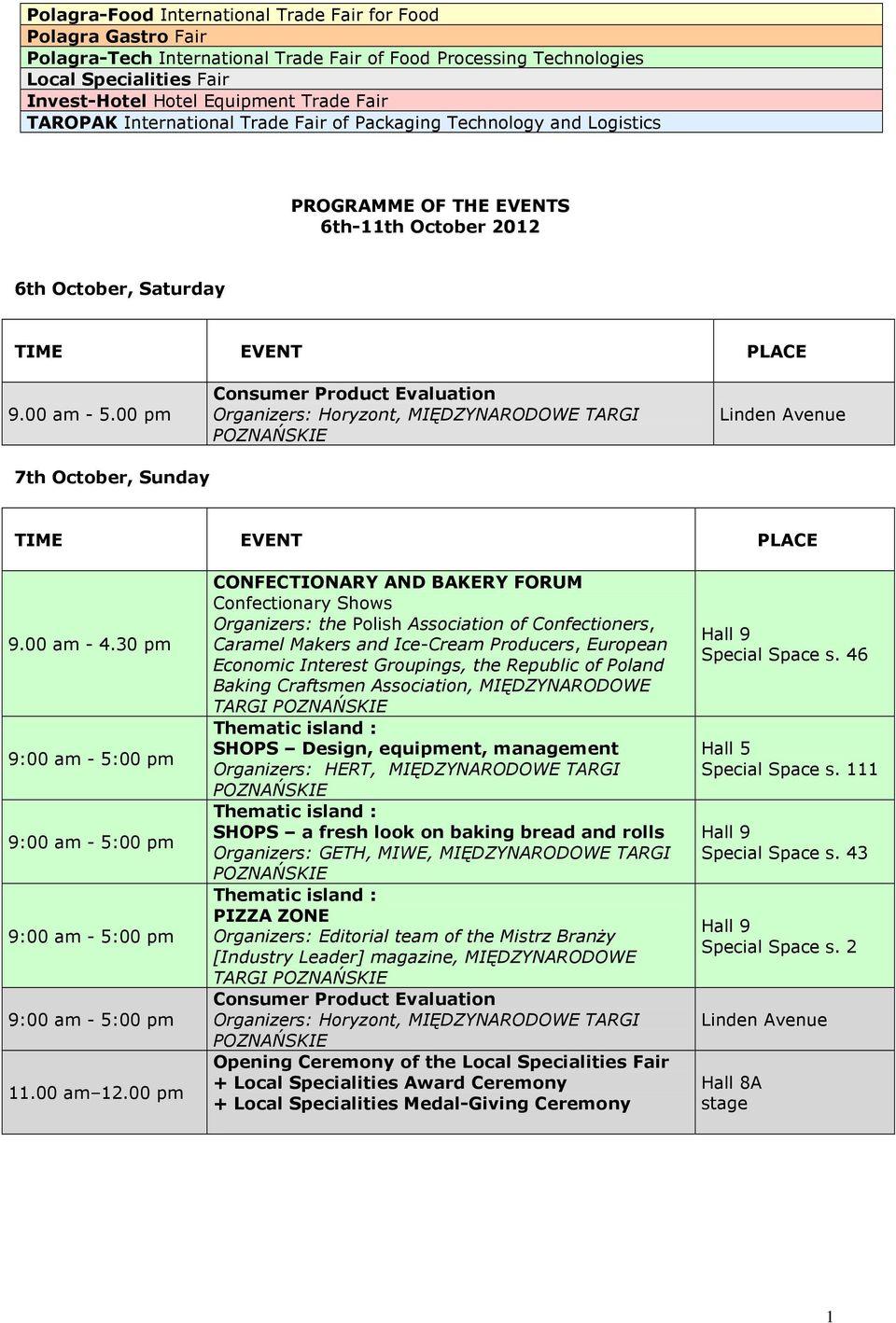 00 pm Consumer Product Evaluation Organizers: Horyzont, Linden Avenue 7th October, Sunday 9.00 am - 4.30 pm 11.00 am 12.