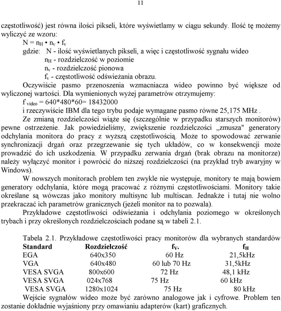 częstotliwość odświeżania obrazu. Oczywiście pasmo przenoszenia wzmacniacza wideo powinno być większe od wyliczonej wartości.