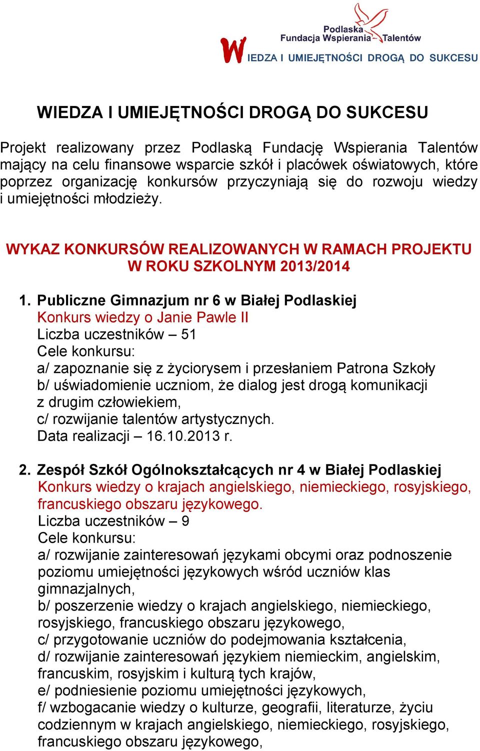 Publiczne Gimnazjum nr 6 w Białej Podlaskiej Konkurs wiedzy o Janie Pawle II Liczba uczestników 51 a/ zapoznanie się z życiorysem i przesłaniem Patrona Szkoły b/ uświadomienie uczniom, że dialog jest